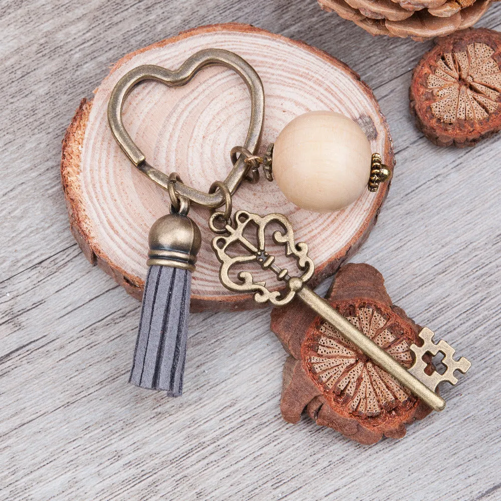 Doreen Box Antique Bronze heart Key Chains&Key Rings Vintage Big Wood round beads Key Pendant Tassel Pendants Handmade Keychain