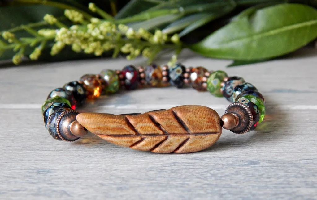 Earthy Boho Bracelet with Large Leaf Focal Bead