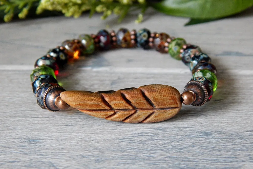 Earthy Boho Bracelet with Large Leaf Focal Bead