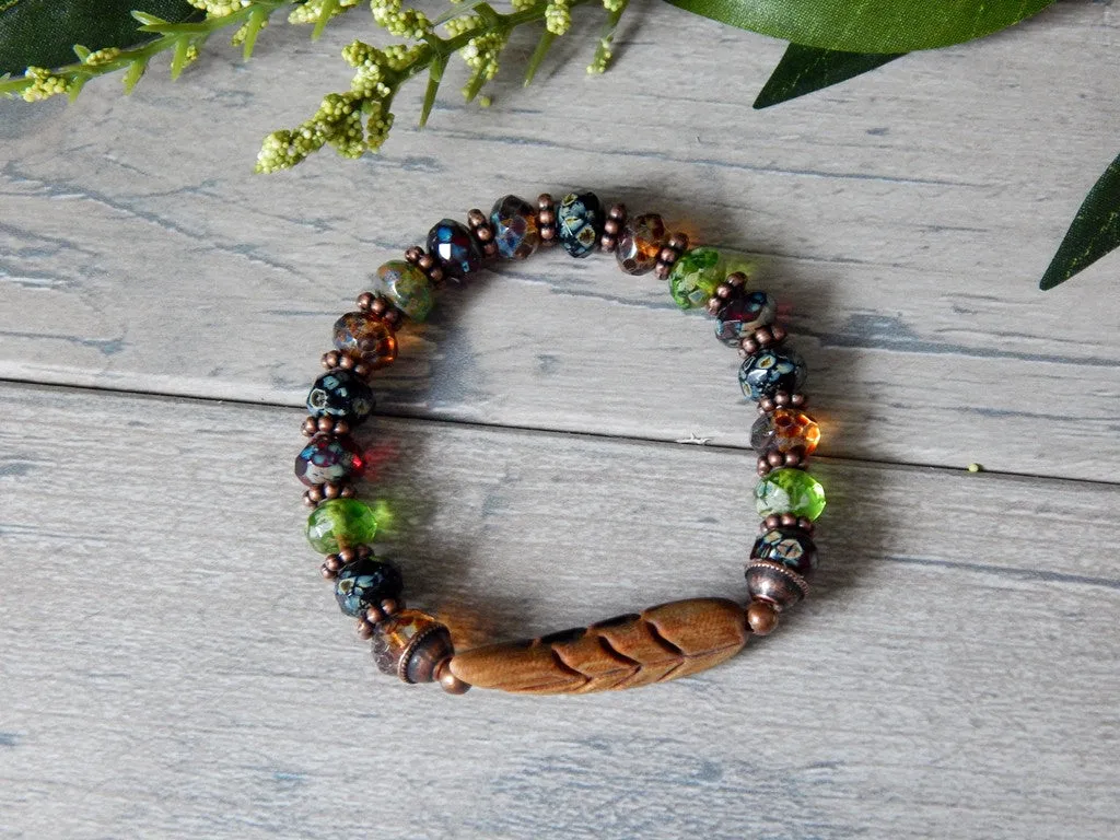 Earthy Boho Bracelet with Large Leaf Focal Bead