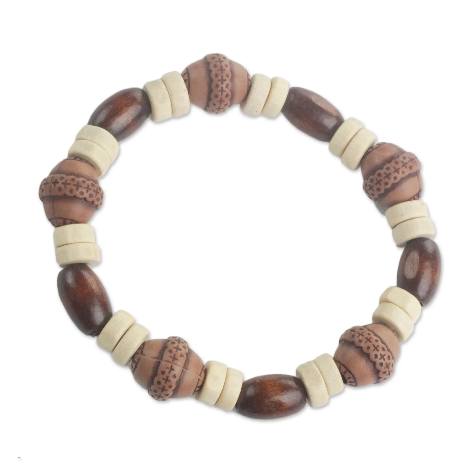 Earthy Charm Wood and Recycled Plastic Beaded Stretch Bracelet from Ghana