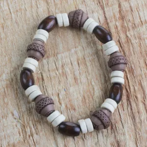 Earthy Charm Wood and Recycled Plastic Beaded Stretch Bracelet from Ghana