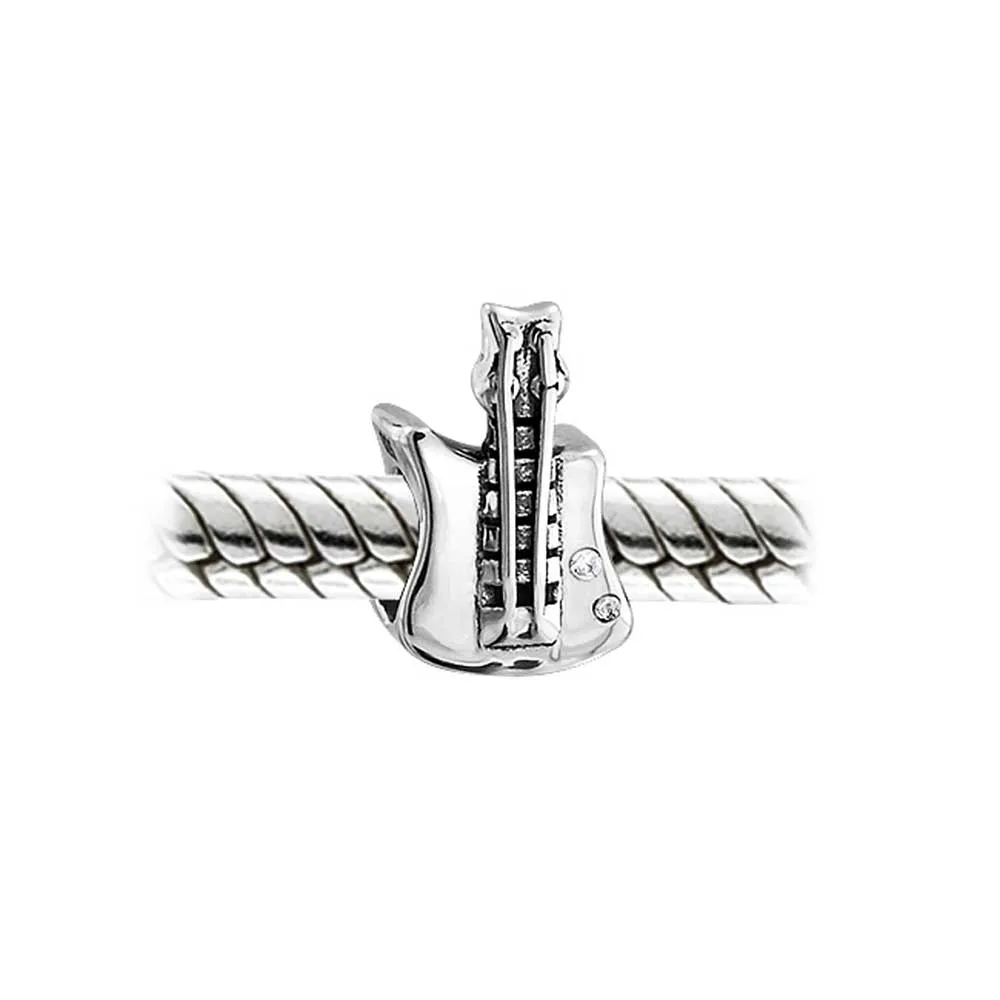 Electric Guitar Charm Bead for Music Students in Oxidized Sterling Silver