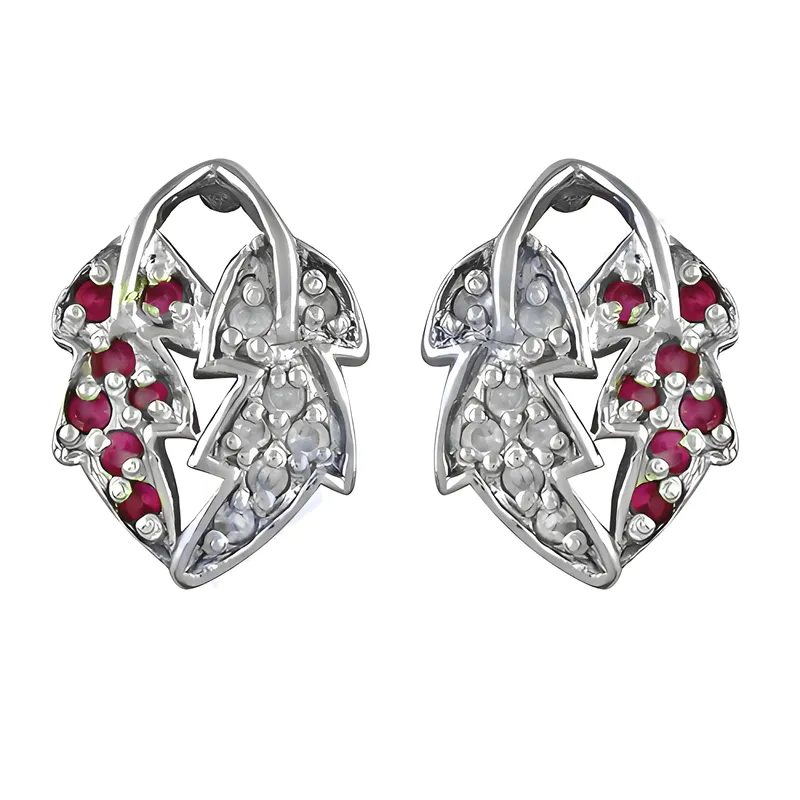 Elegant Dual Leaf Style Pink & White CZ Gemstone Silver Earrings