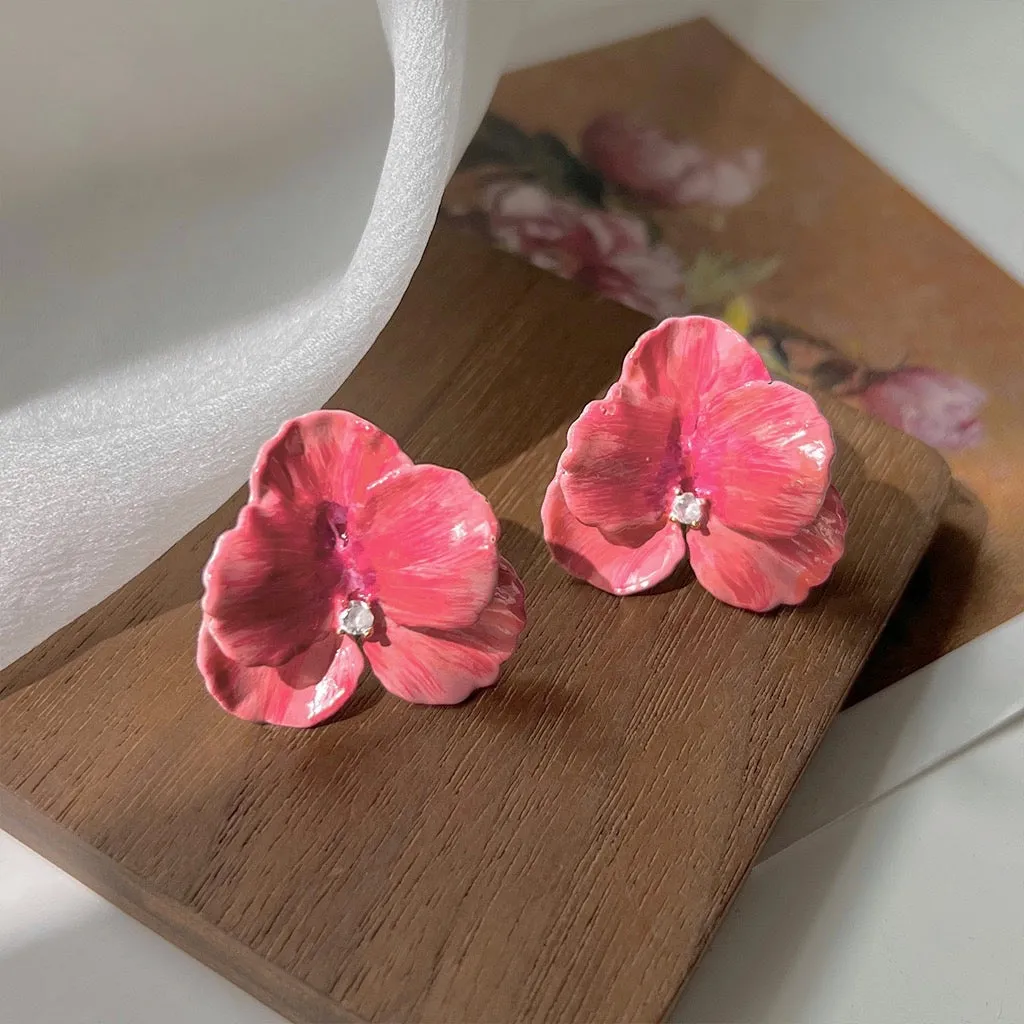 Enamel Pink Viola Earrings