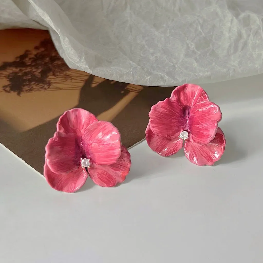 Enamel Pink Viola Earrings