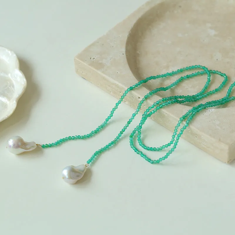 Extra-Long Lariat Necklace with Green Agate and Pearl Ends