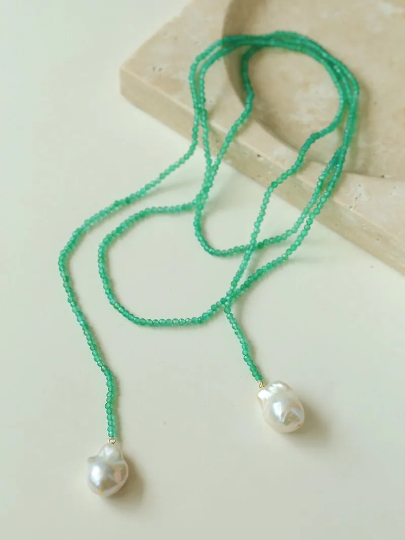 Extra-Long Lariat Necklace with Green Agate and Pearl Ends