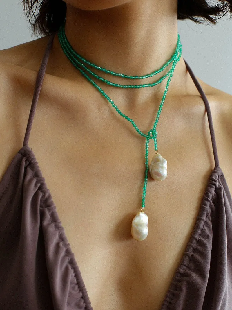 Extra-Long Lariat Necklace with Green Agate and Pearl Ends