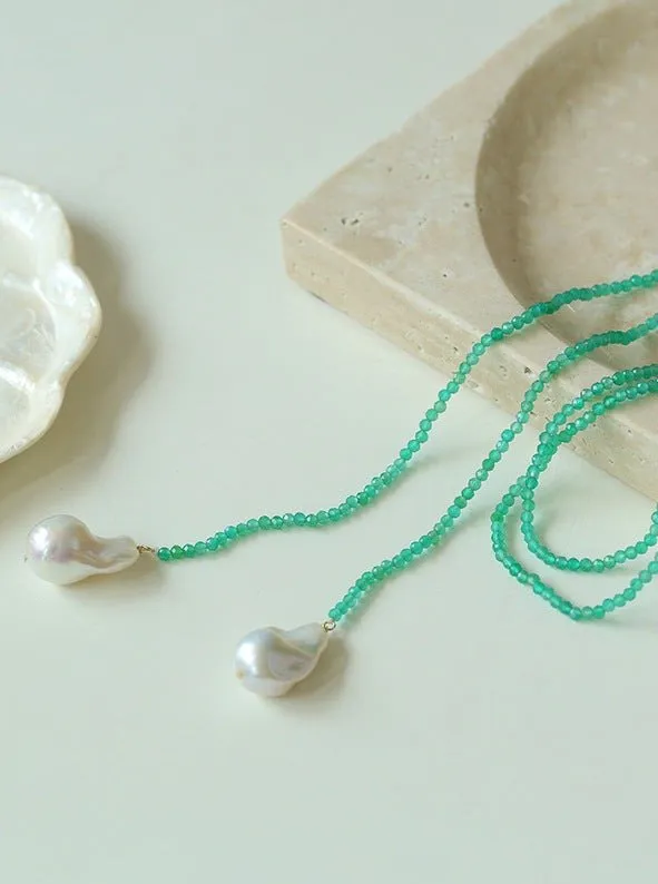 Extra-Long Lariat Necklace with Green Agate and Pearl Ends