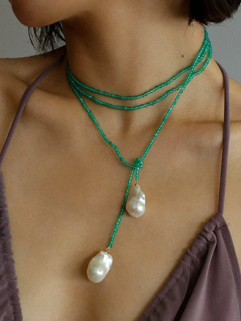 Extra-Long Lariat Necklace with Green Agate and Pearl Ends