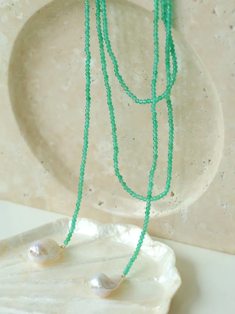 Extra-Long Lariat Necklace with Green Agate and Pearl Ends