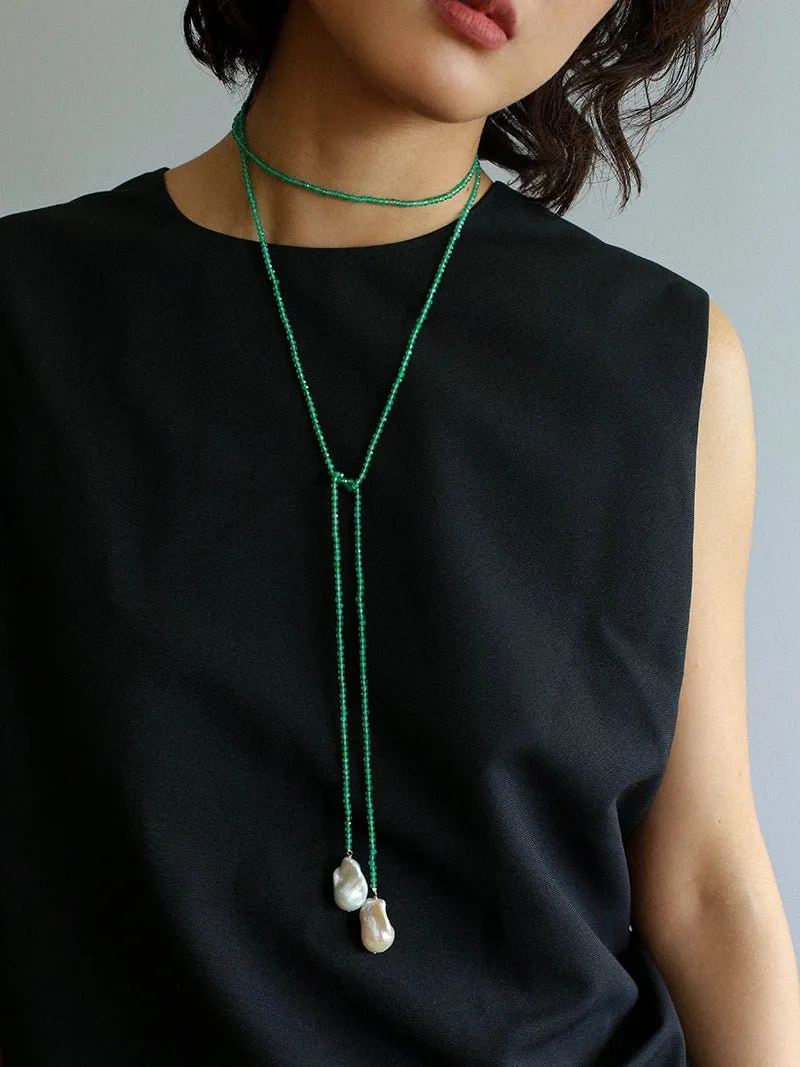 Extra-Long Lariat Necklace with Green Agate and Pearl Ends