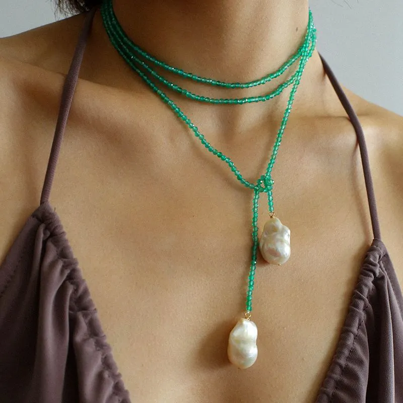 Extra-Long Lariat Necklace with Green Agate and Pearl Ends