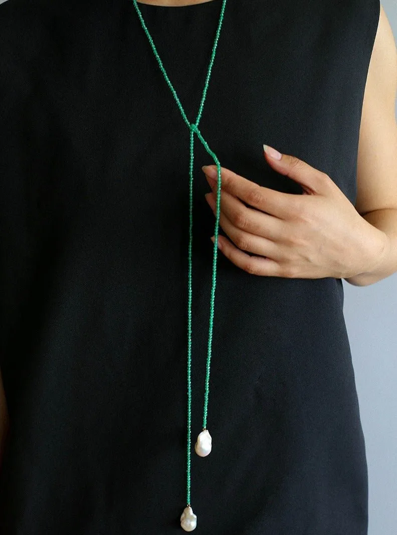 Extra-Long Lariat Necklace with Green Agate and Pearl Ends