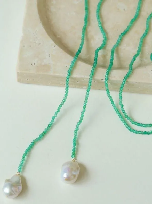 Extra-Long Lariat Necklace with Green Agate and Pearl Ends