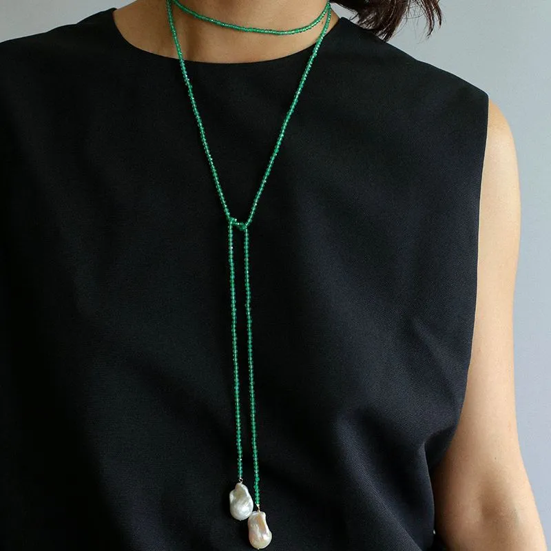 Extra-Long Lariat Necklace with Green Agate and Pearl Ends