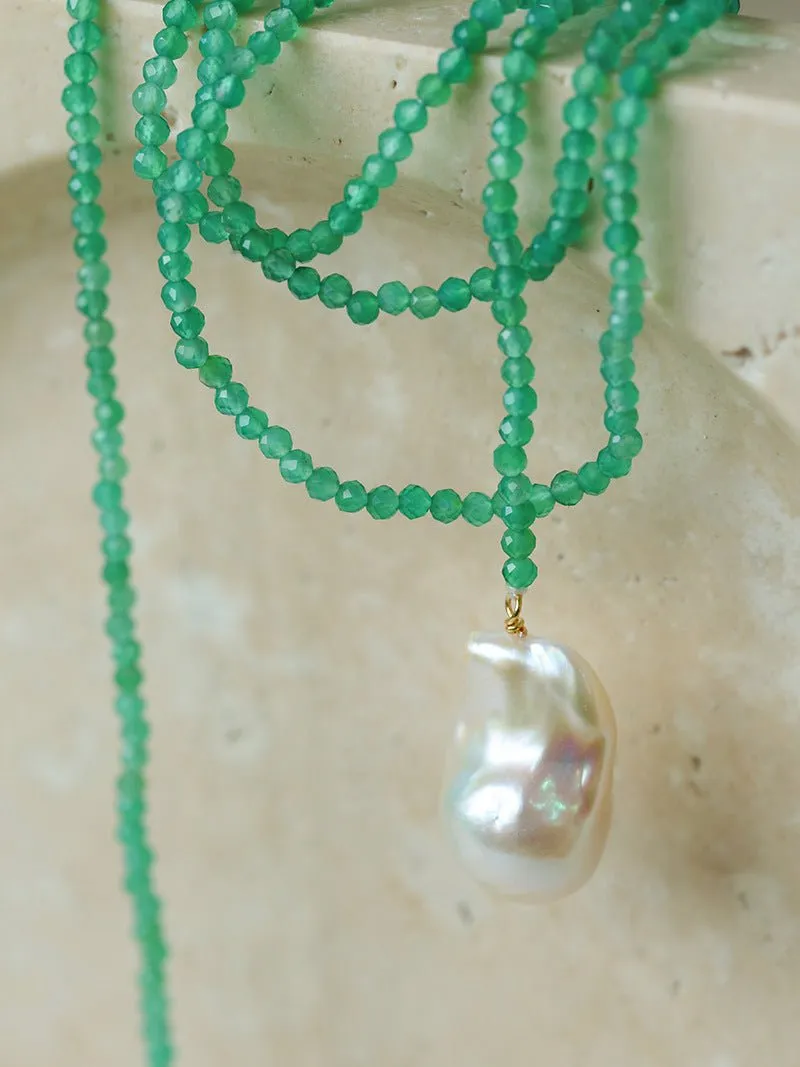 Extra-Long Lariat Necklace with Green Agate and Pearl Ends