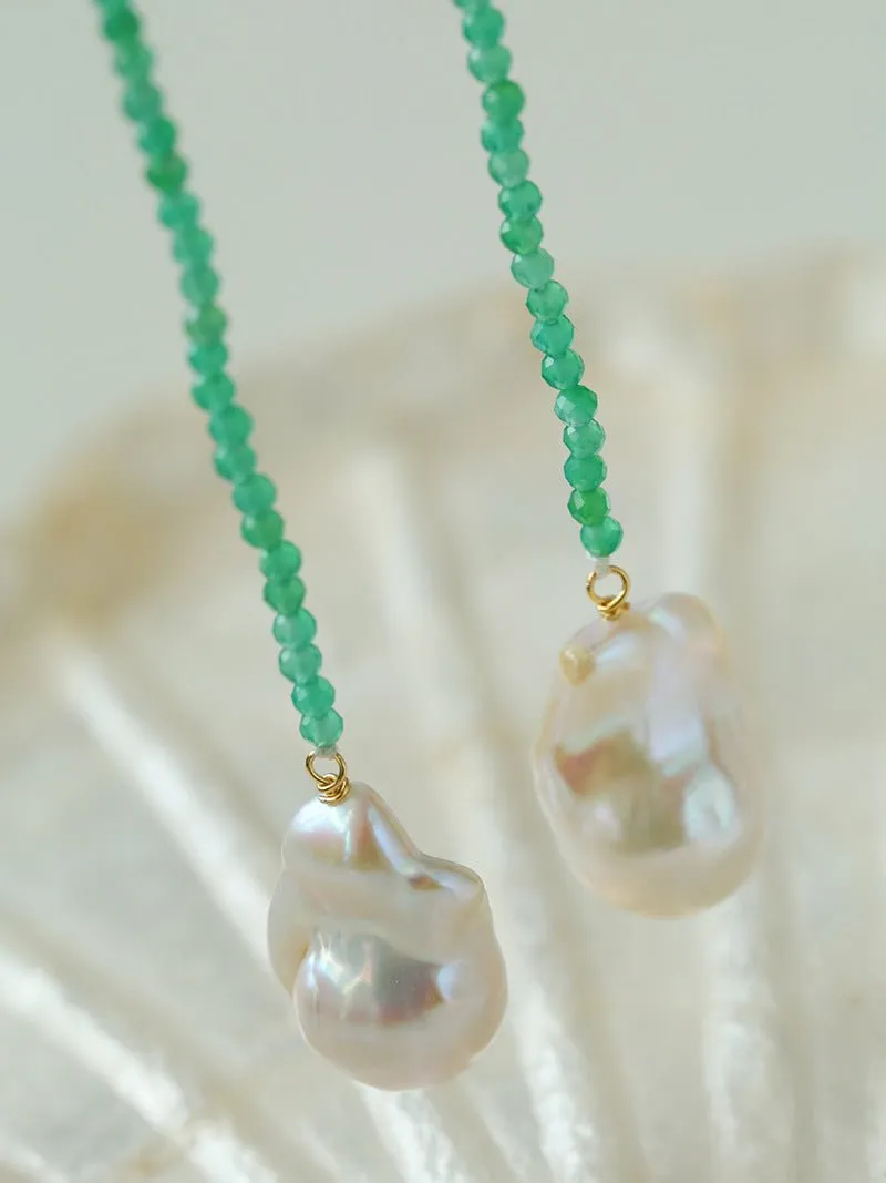 Extra-Long Lariat Necklace with Green Agate and Pearl Ends