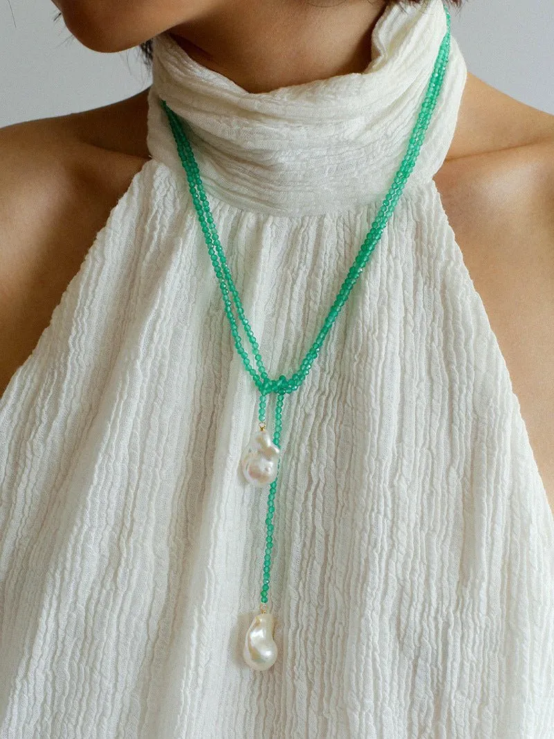 Extra-Long Lariat Necklace with Green Agate and Pearl Ends