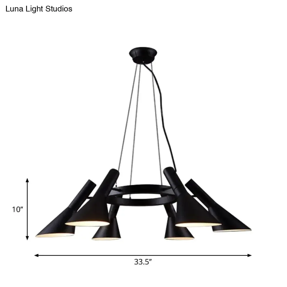 Farmhouse Black 6-Bulb Chandelier with Metal Flared Ring Design - Stylish Suspension Lighting for Bedroom