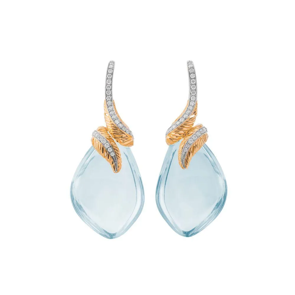 Feather Wrap Earrings w/ Blue Topaz & Diamonds in 18K Yellow Gold