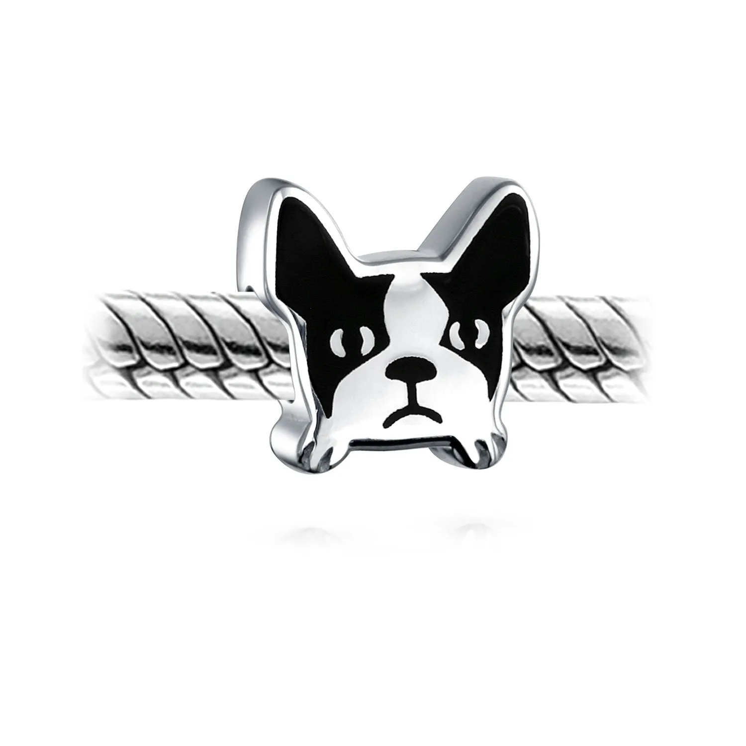 French Bulldog Charm Bead Black White Enamel Sterling Silver for Bracelets