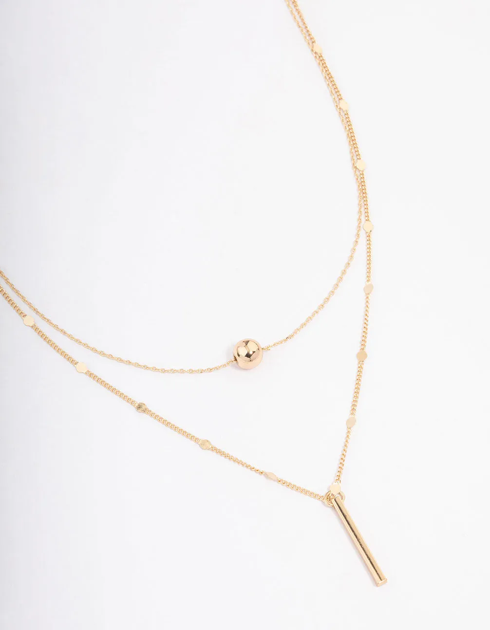 Gold Bar & Ball Double Chain Short Layered Necklace