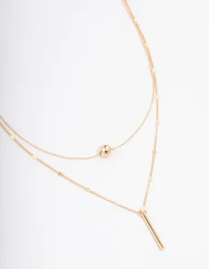 Gold Bar & Ball Double Chain Short Layered Necklace