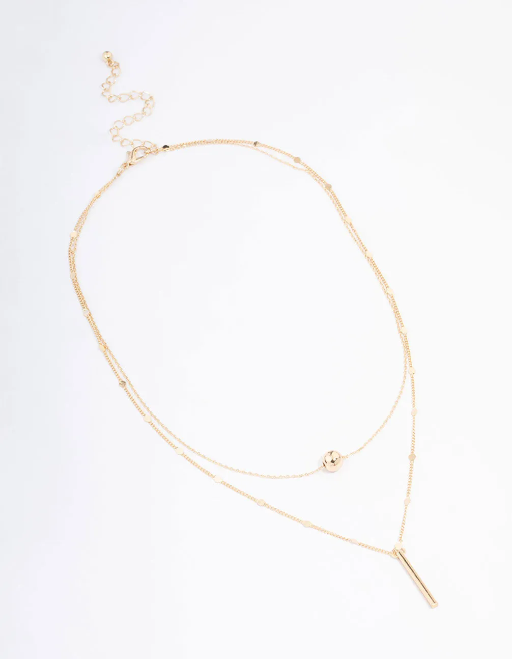 Gold Bar & Ball Double Chain Short Layered Necklace