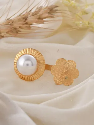 Gold Flower Pearl Adjustable Ring