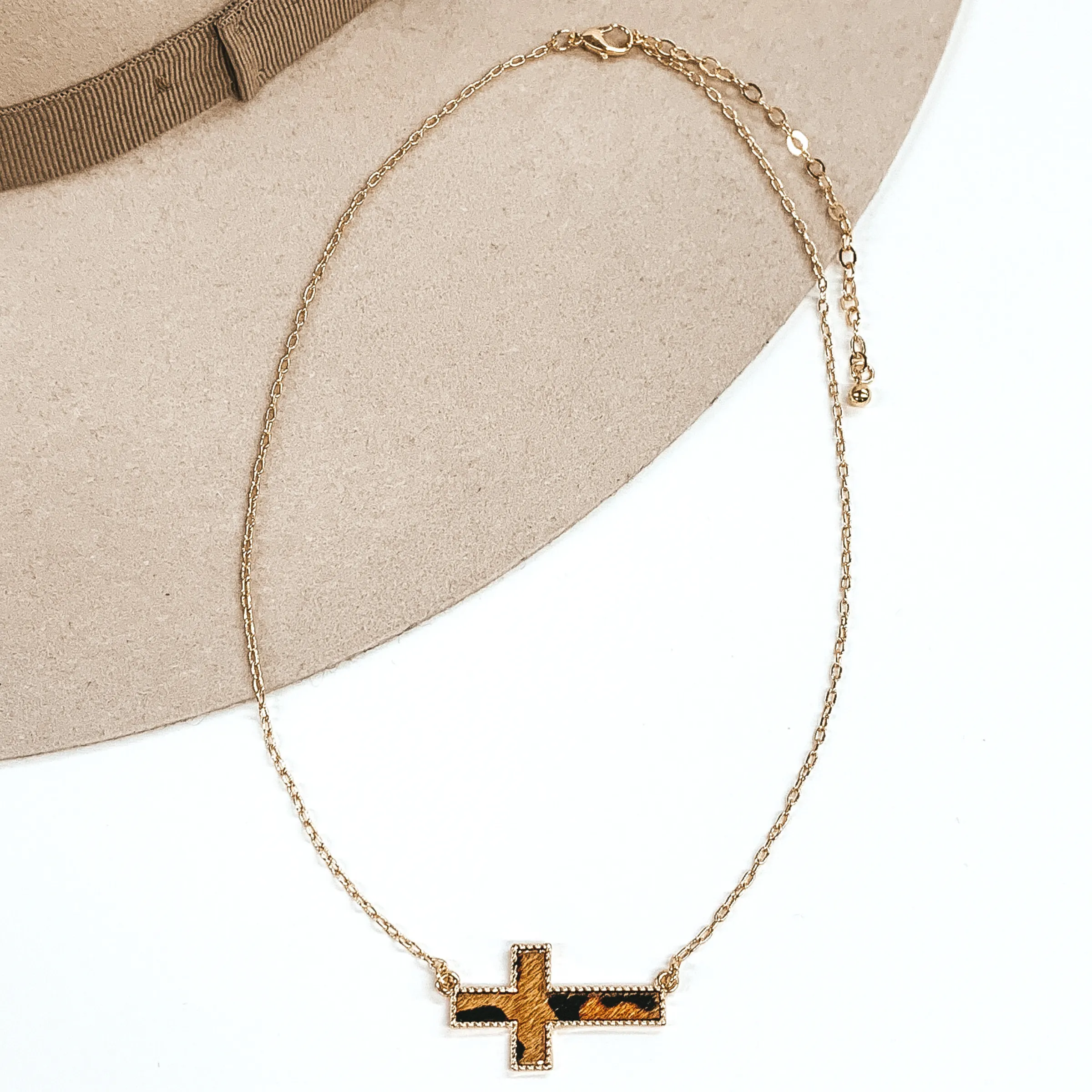 Gold Paperclip Chain Necklace with Cross Pendant in Brown Animal Print