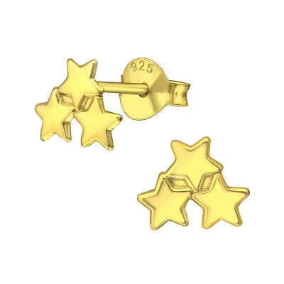 Gold Plated Triple Star Stud Earrings - Sterling Silver Elegant Jewelry