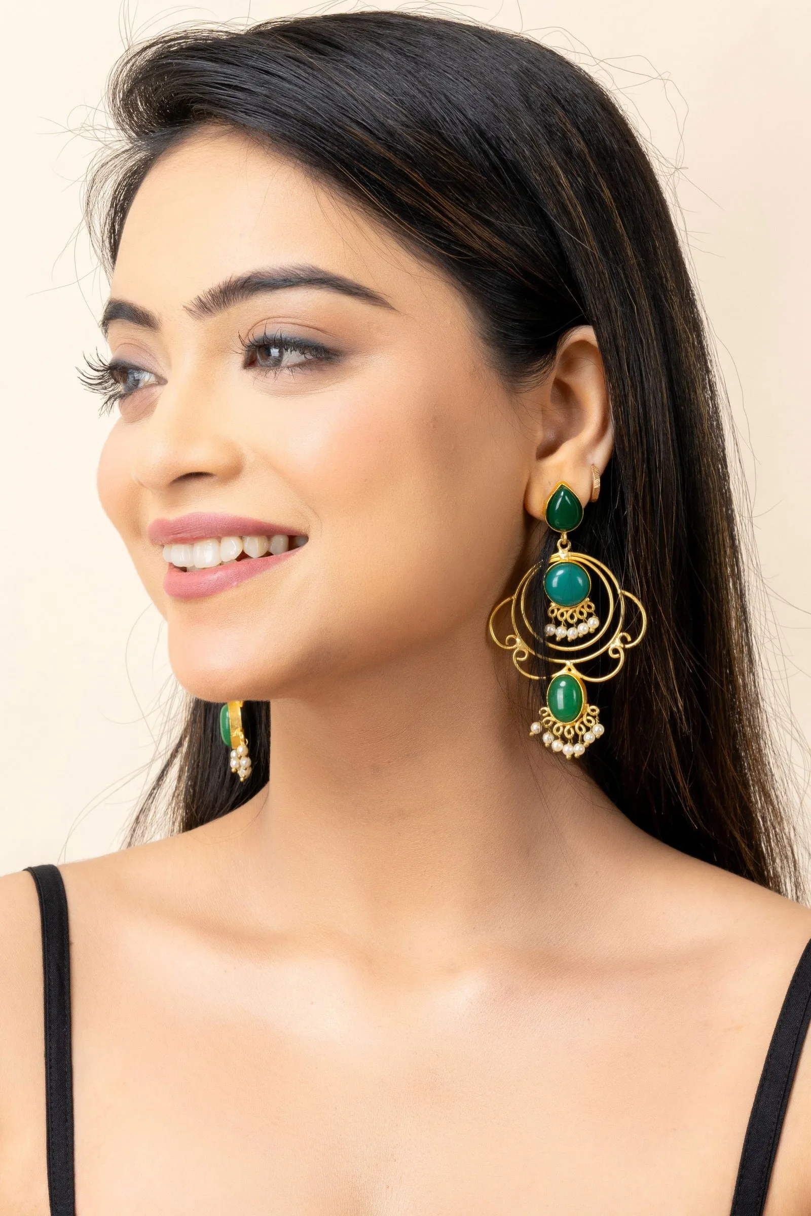 Golden Green Brass Stud Chandbali Earrings - Elegant Design for Versatile Fashion