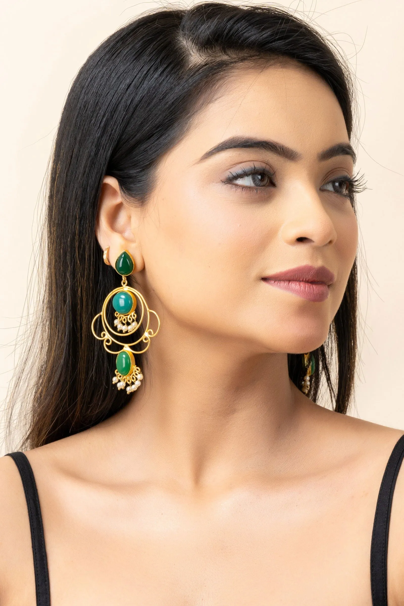 Golden Green Brass Stud Chandbali Earrings - Elegant Design for Versatile Fashion