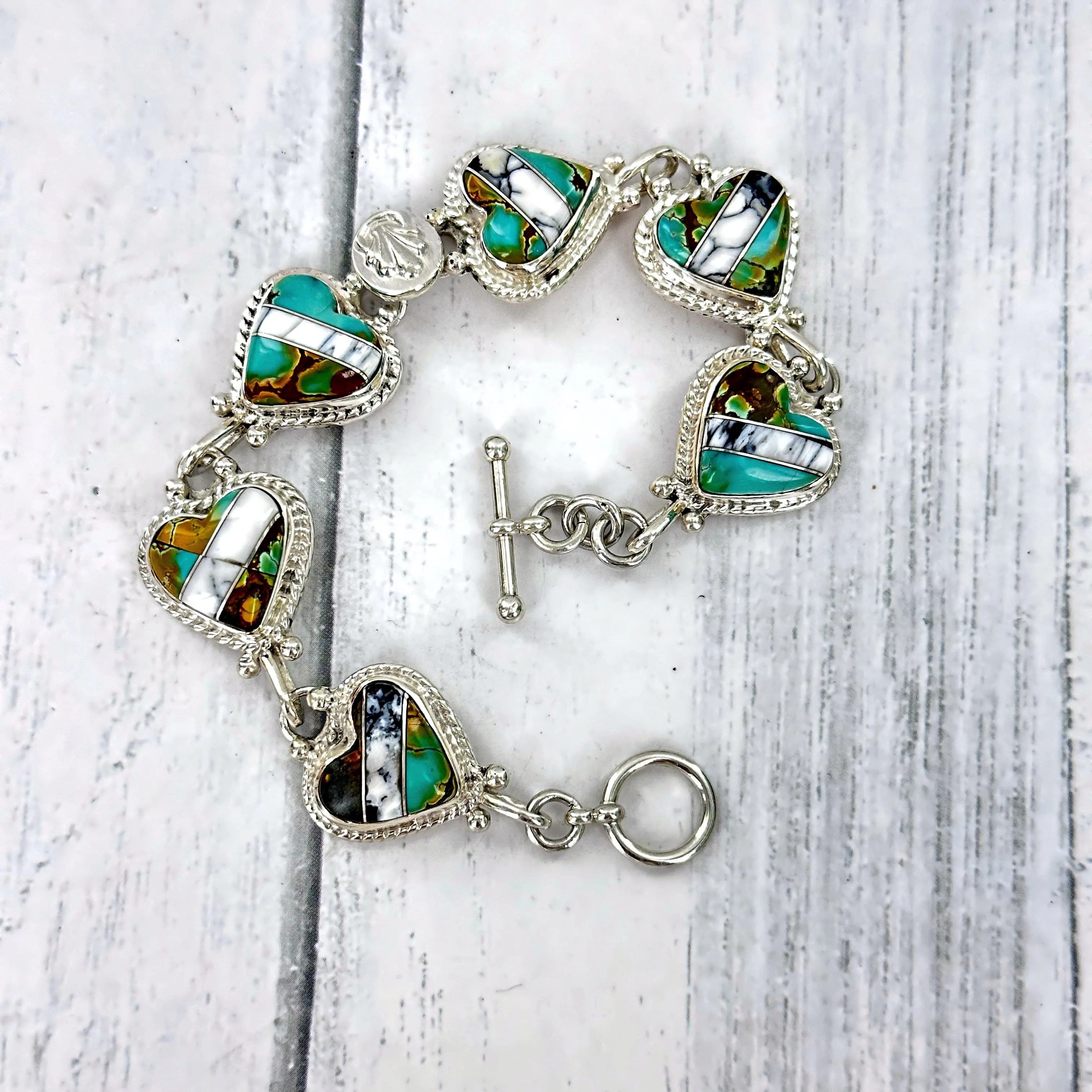 Heart Link Bracelet with Iron Maiden turquoise & White Buffalo