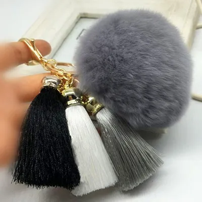 Hot sale Tassel Pompom Car Key Ring Pendant Fur Ball Keychain Rabbit  Fur Plush Fur Key Chian POM POM Keychain EH-404