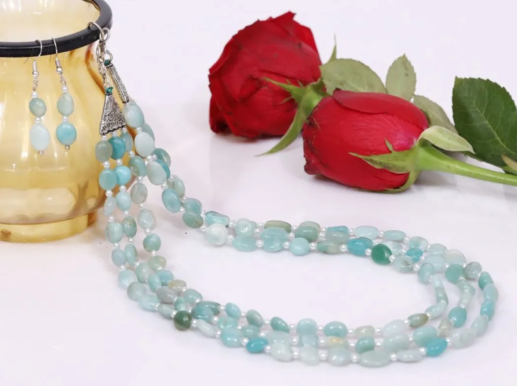 Imeora Tripple Line Amazonite Necklace Set With 4mm Beads and Earrings