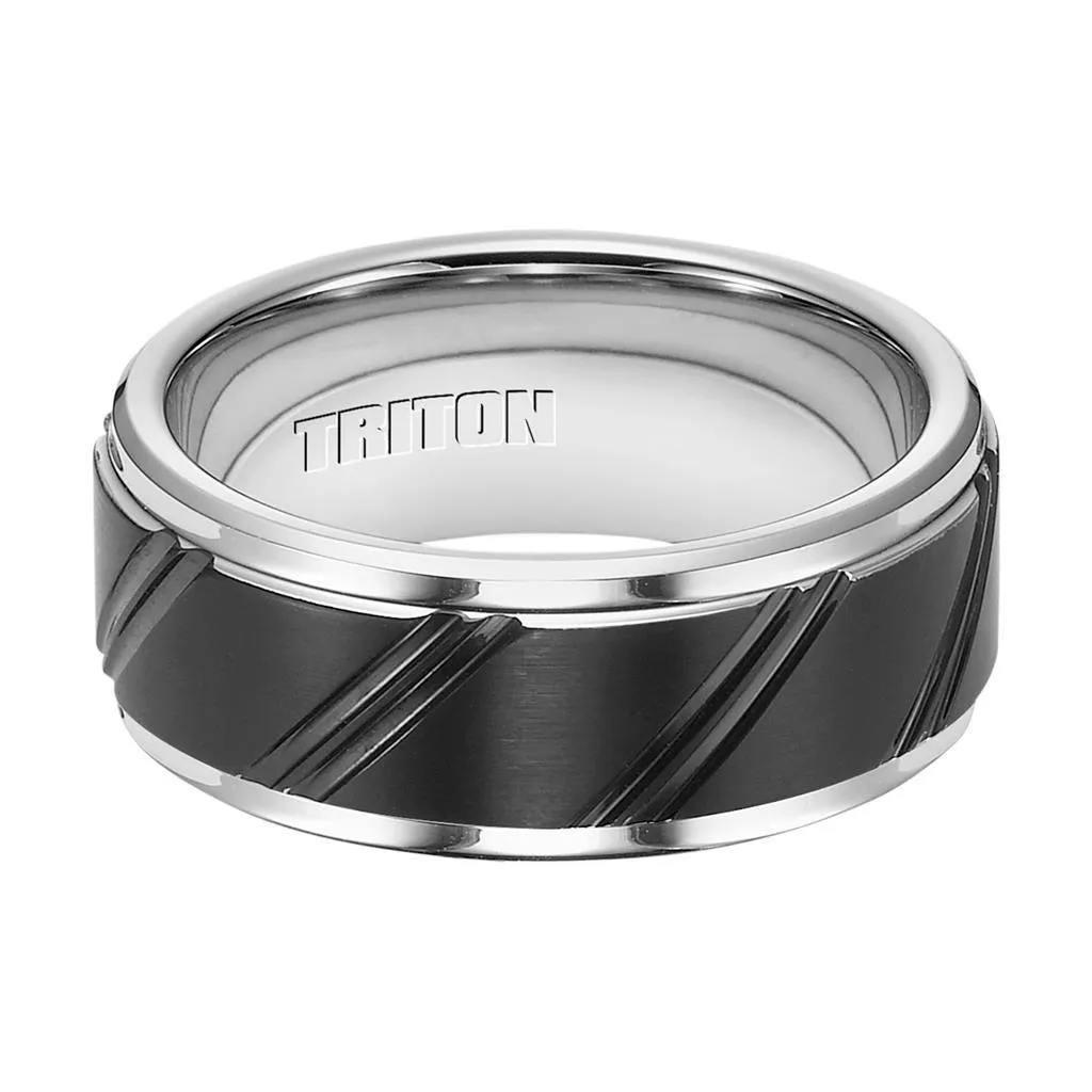 KINGSLEY Black and White Tungsten Carbide Ring with Beveled Step Edges and Diagonal Cuts by Triton Rings - 9 mm