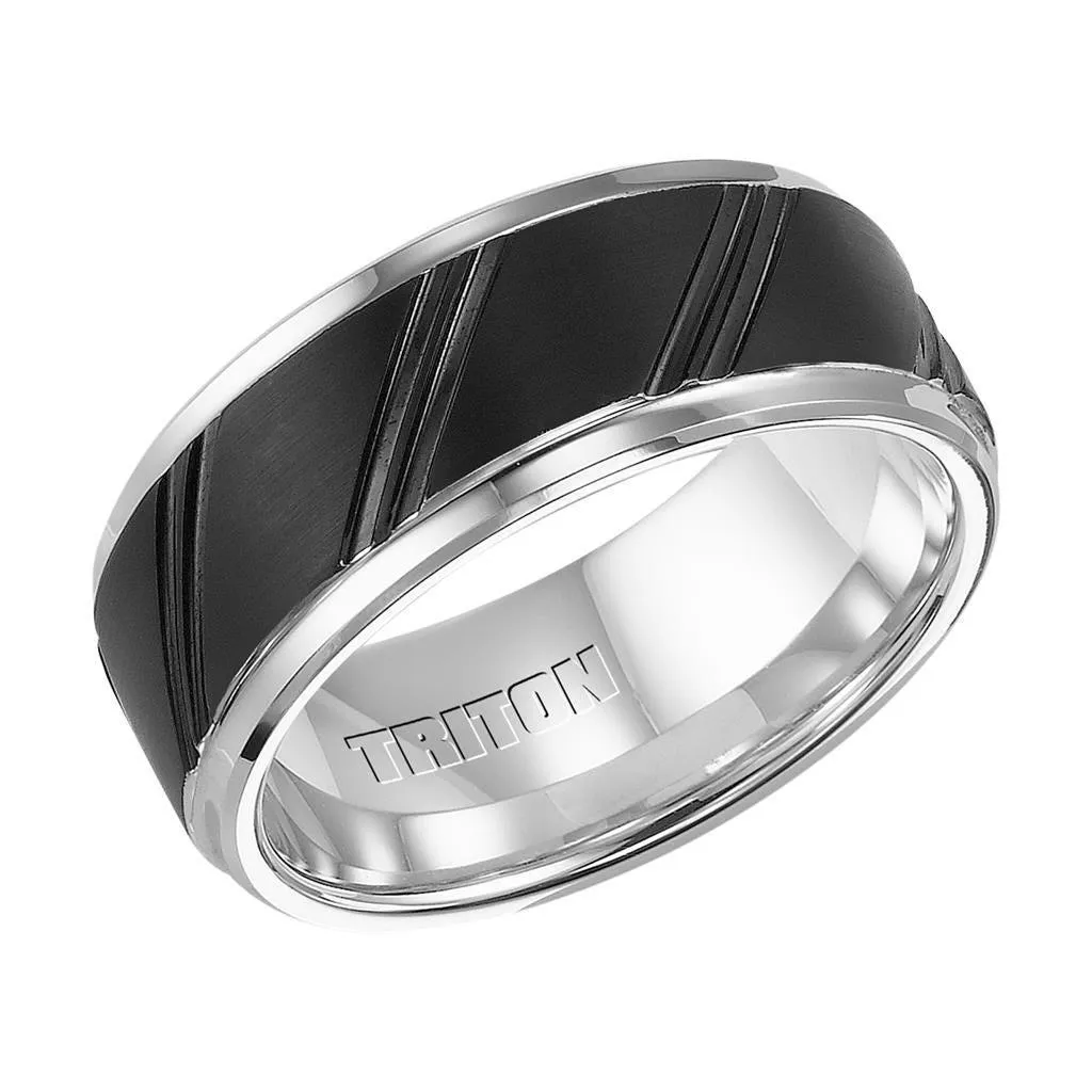 KINGSLEY Black and White Tungsten Carbide Ring with Beveled Step Edges and Diagonal Cuts by Triton Rings - 9 mm