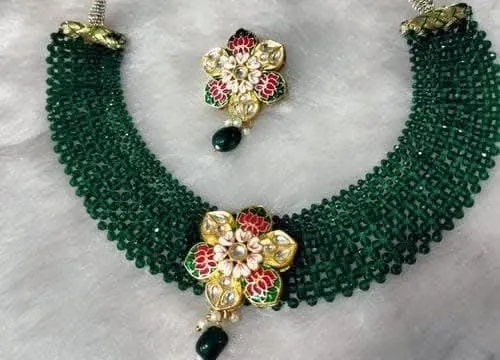 Kundan meena beads chokar flower necklace with earrings (green)