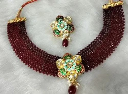 Kundan meena beads chokar necklace with earrings (maroon)