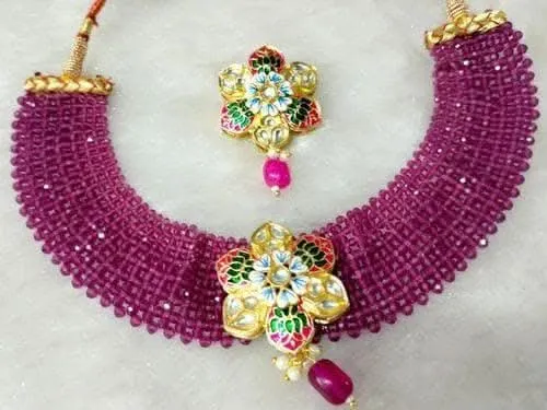 Kundan meena beads chokar necklace with earrings (purple)