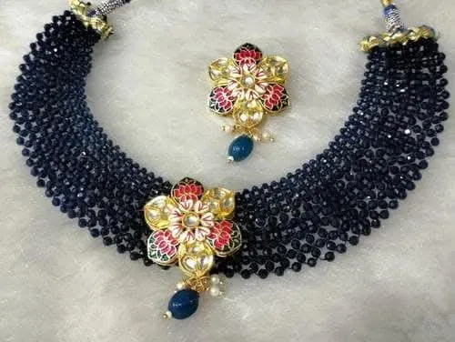 Kundan meena beads choker necklace with earrings (black)