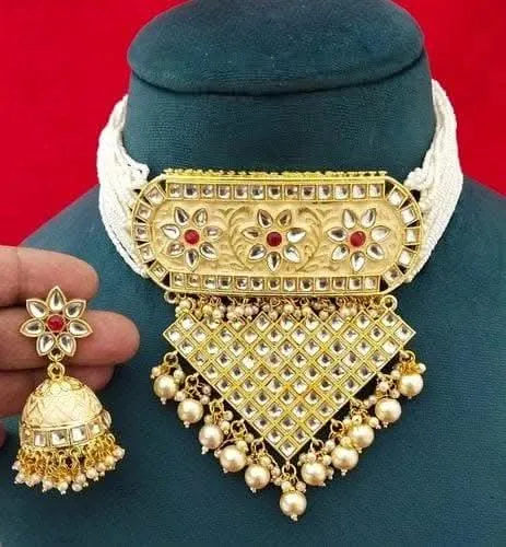 Kundan meenakari chokar pearl necklace with earrings (gold)