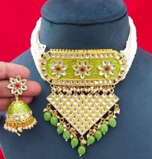 Kundan meenakari chokar pearl necklace with earrings (green)