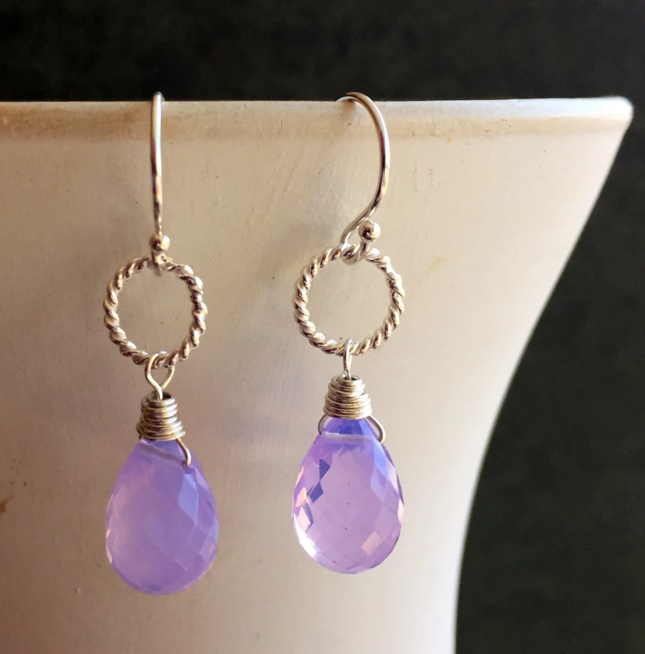 Lavender Scorolite Teardrop Silver Hoop Earring