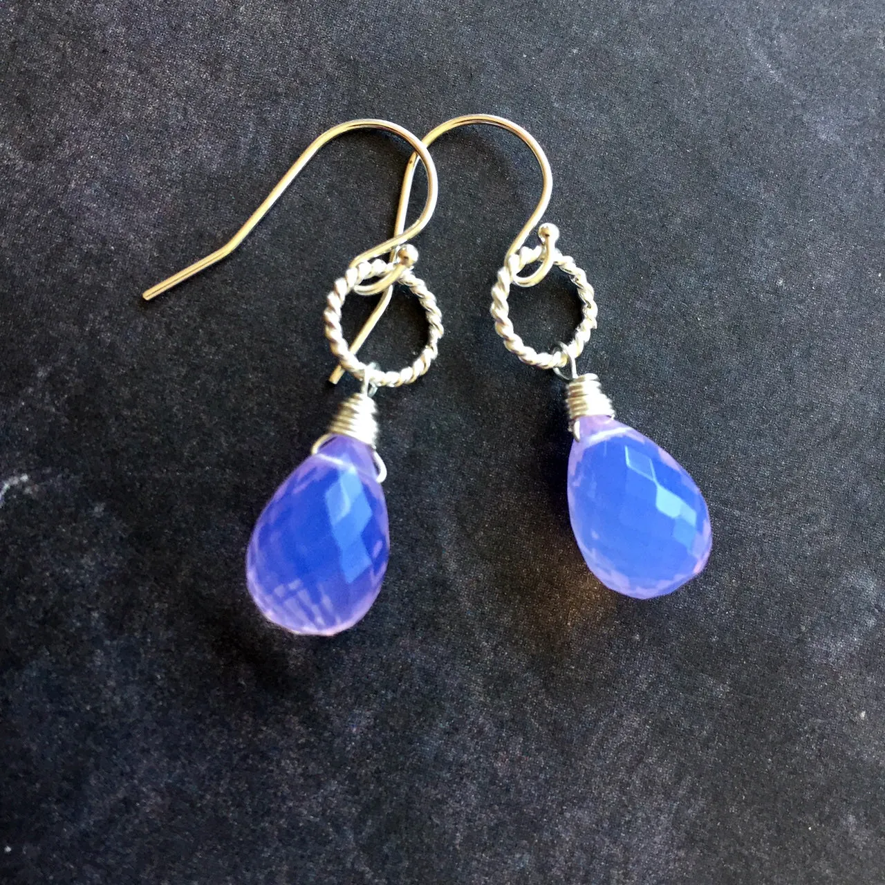 Lavender Scorolite Teardrop Silver Hoop Earring