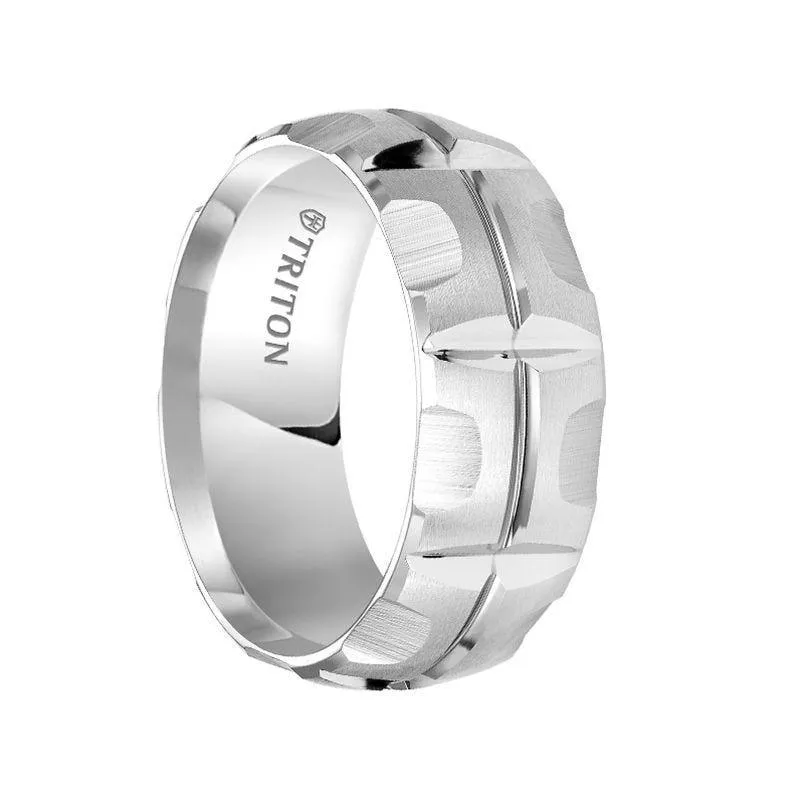 MADDOX Domed White Tungsten Carbide Wedding Band with Matrix Style Brushed Finish and Polished Cuts by Triton Rings - 9 mm