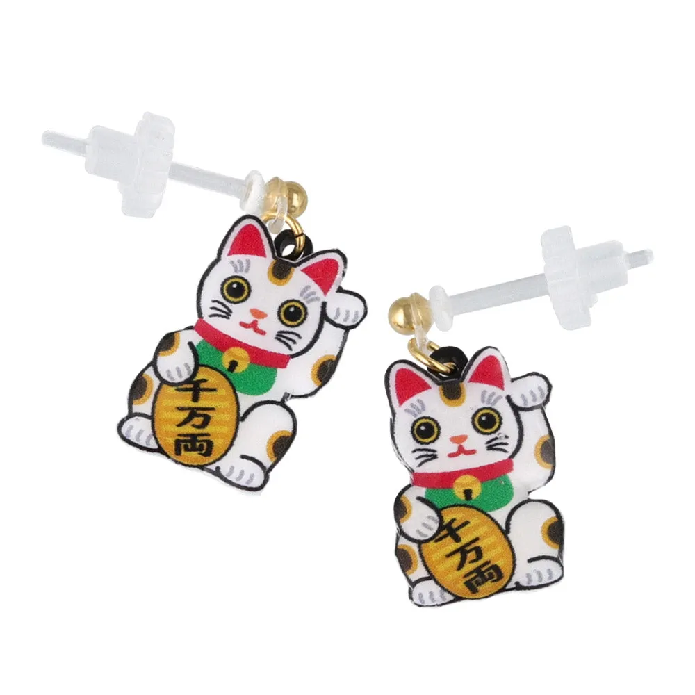 Maneki Neko Drop Plastic Post Earrings